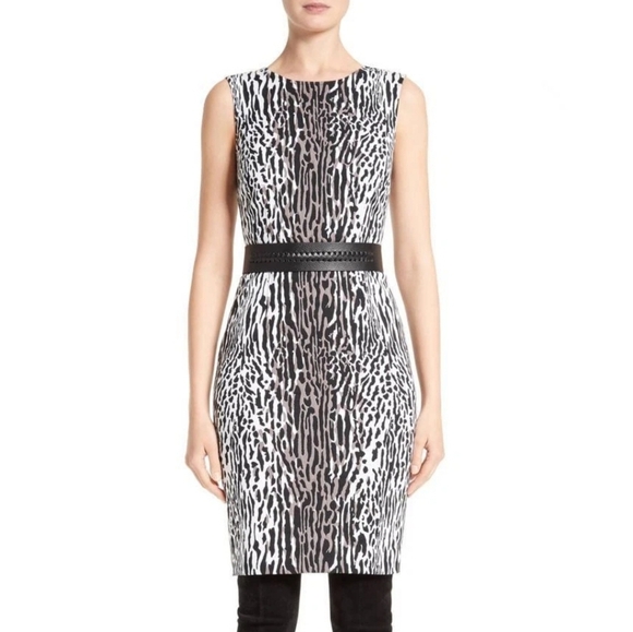 St. John Size 2 Black White Leopard Jacquard Sheath Dress | Like New - Picture 1 of 16